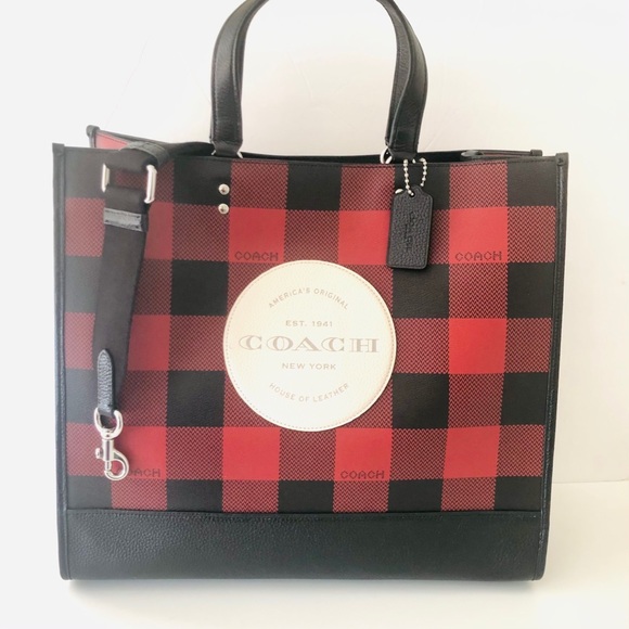 dempsey tote 40 with buffalo plaid print and coach patch